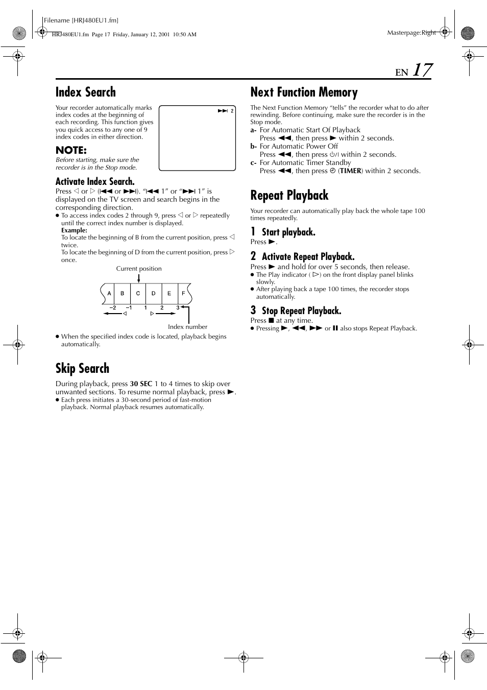 Index search, Skip search, Repeat playback | Activate index search, Start playback, Activate repeat playback, Stop repeat playback | JVC HR-J280 User Manual | Page 17 / 52