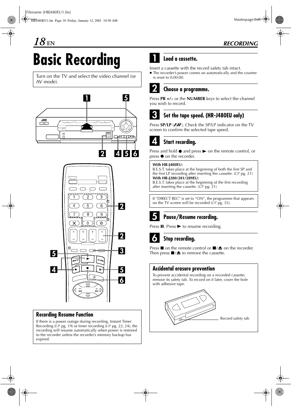 Basic recording | JVC HR-J280 User Manual | Page 18 / 52