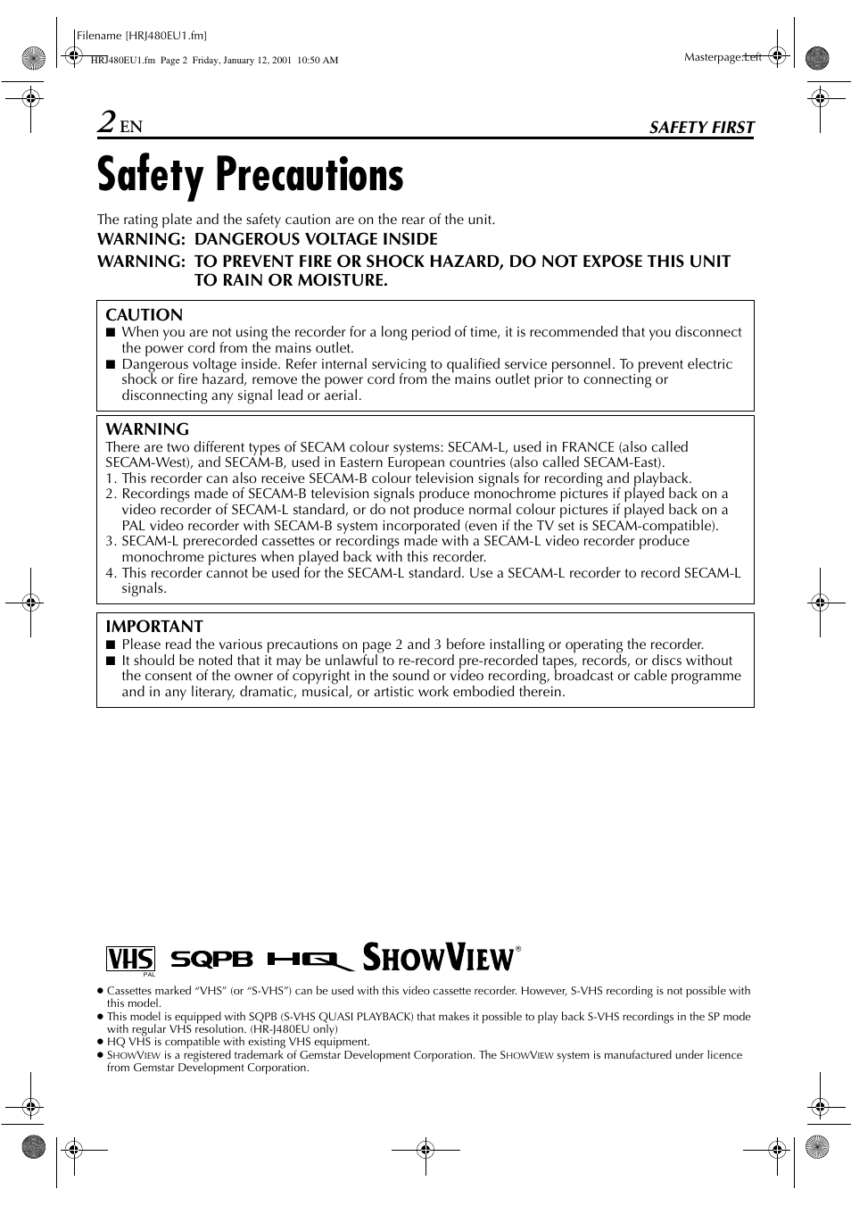 Safety precautions, En safety first, Warning | Important | JVC HR-J280 User Manual | Page 2 / 52