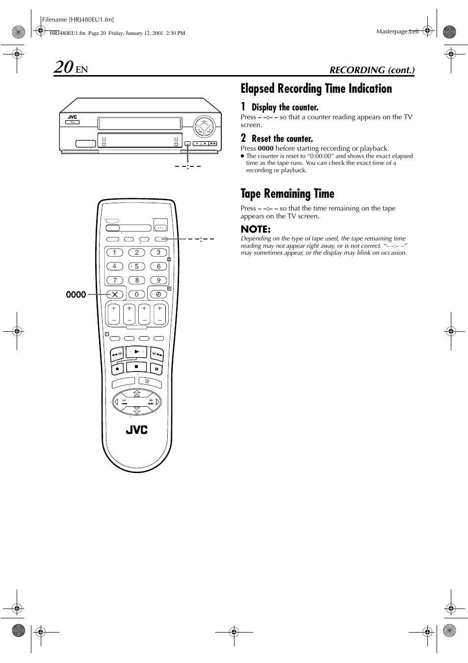 Elapsed recording time indication, Tape remaining time | JVC HR-J280 User Manual | Page 20 / 52