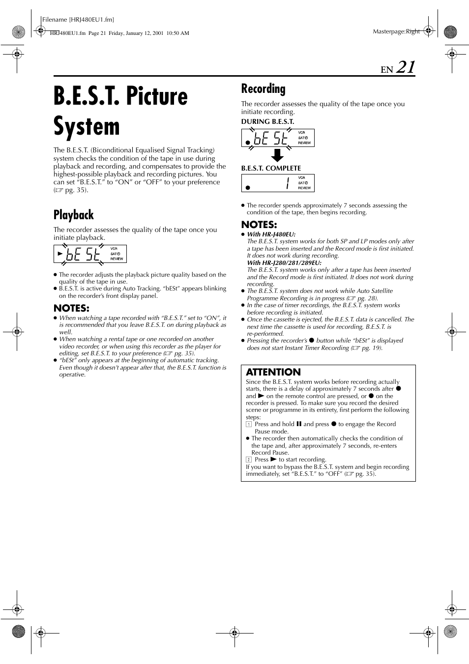 B.e.s.t. picture system, Playback, Recording | Attention | JVC HR-J280 User Manual | Page 21 / 52