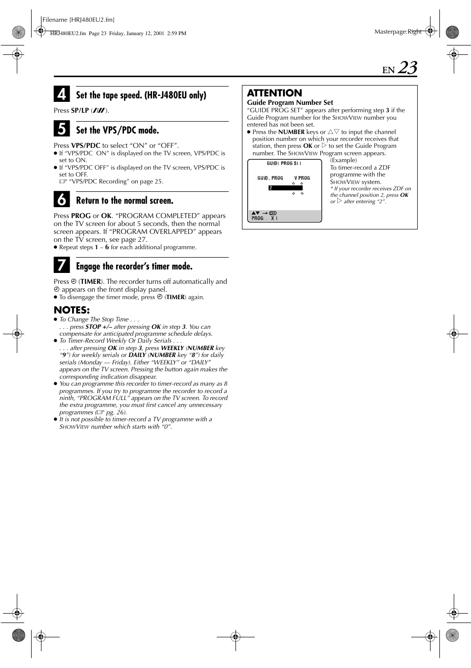 Set the tape speed. (hr-j480eu only), Set the vps/pdc mode, Return to the normal screen | Engage the recorder’s timer mode, Attention | JVC HR-J280 User Manual | Page 23 / 52