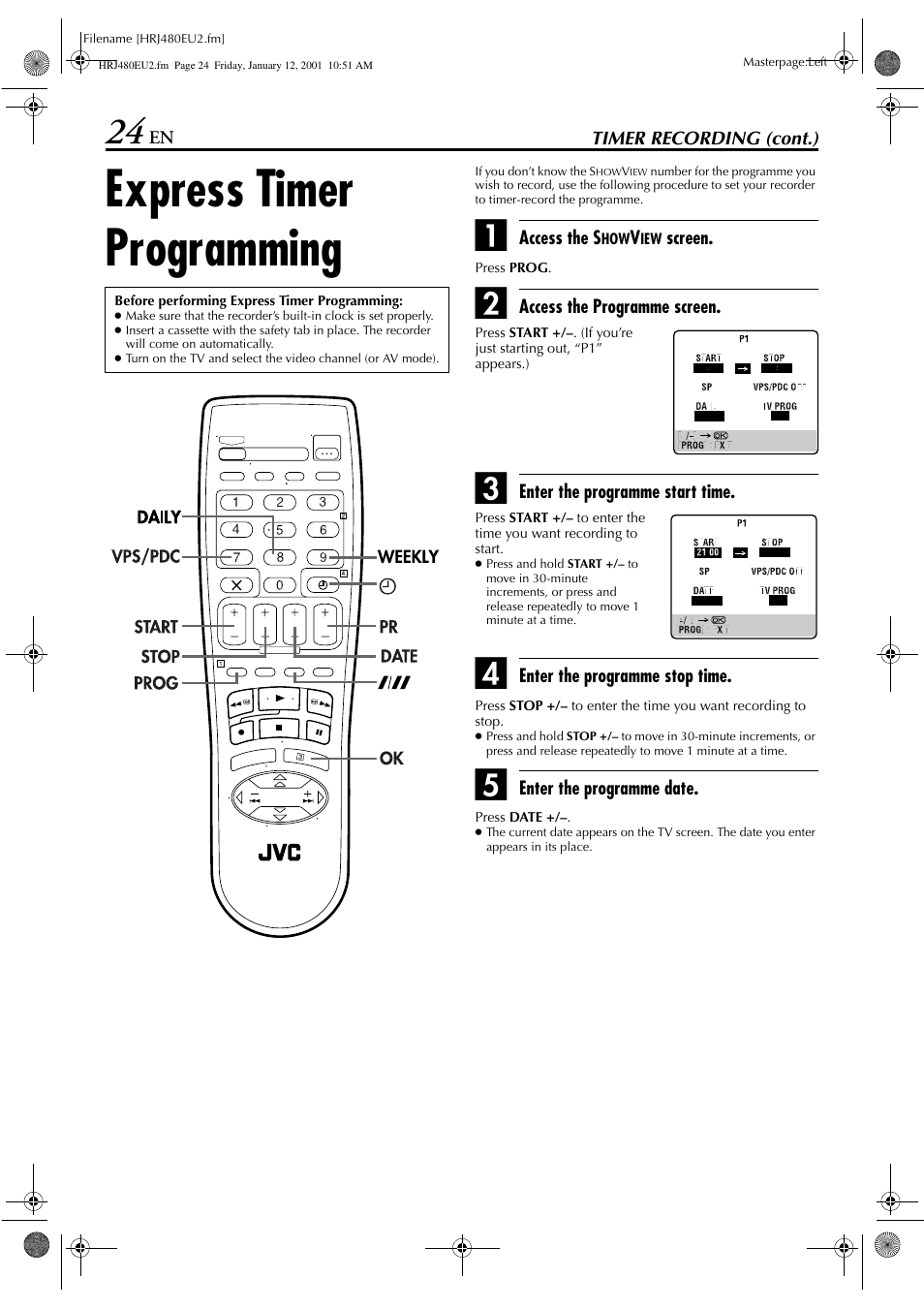 Express timer programming | JVC HR-J280 User Manual | Page 24 / 52