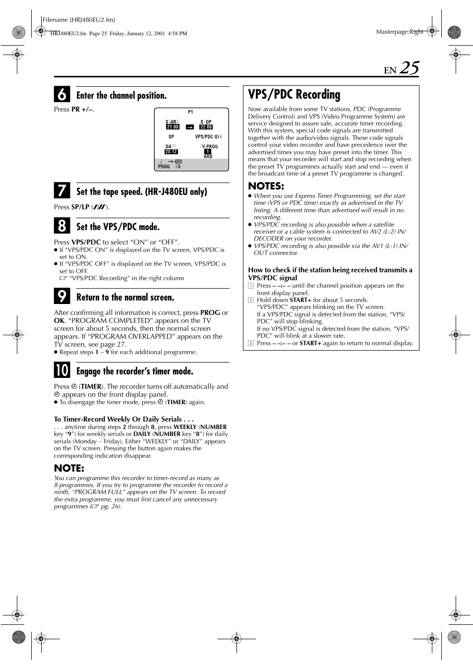 Vps/pdc recording | JVC HR-J280 User Manual | Page 25 / 52