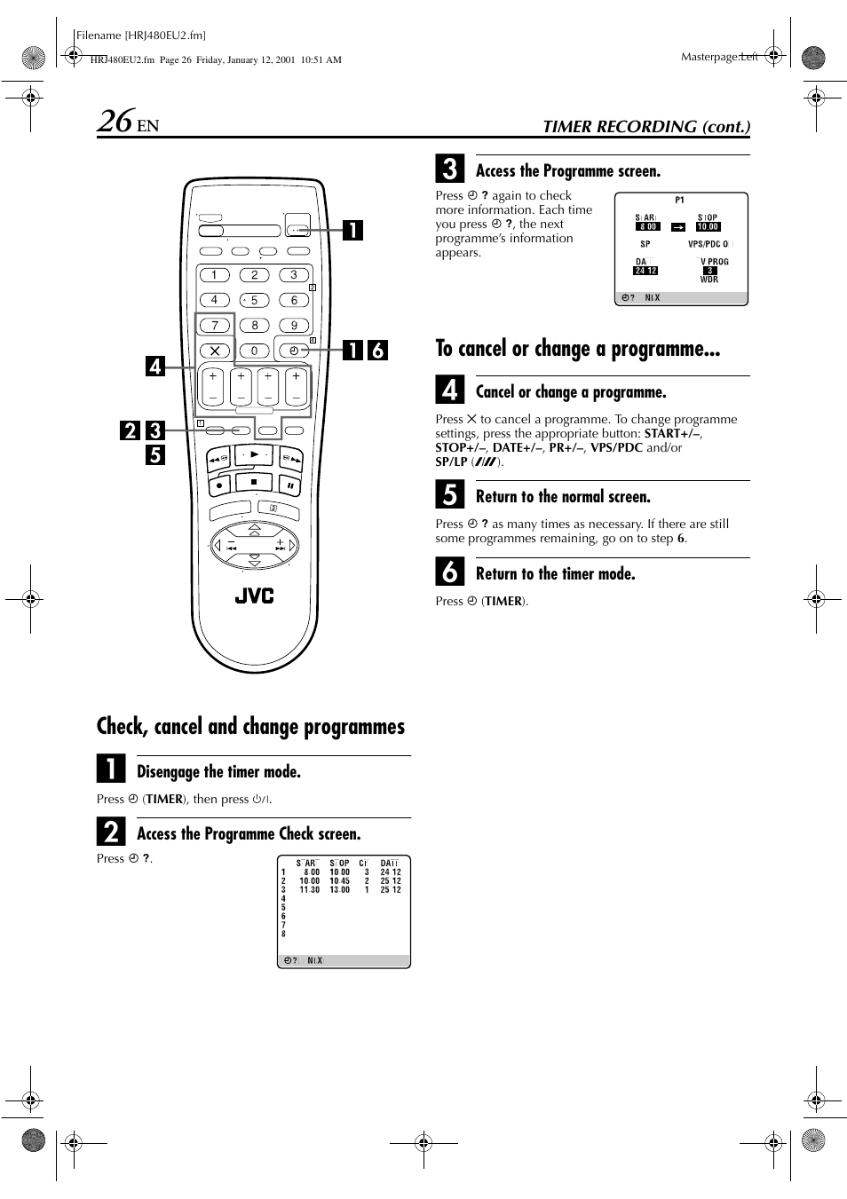 Check, cancel and change programmes | JVC HR-J280 User Manual | Page 26 / 52