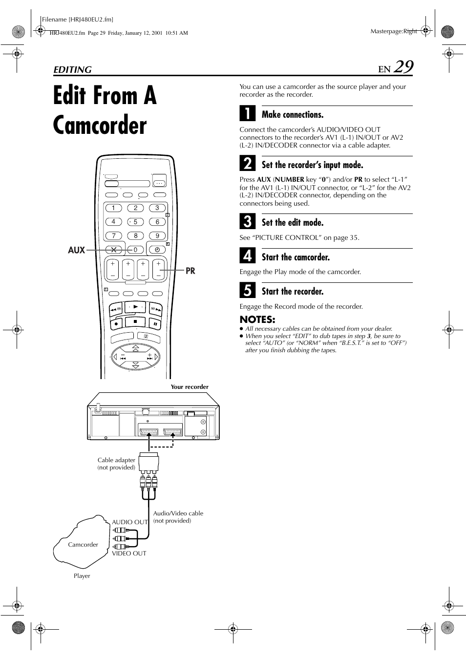 Edit from a camcorder | JVC HR-J280 User Manual | Page 29 / 52