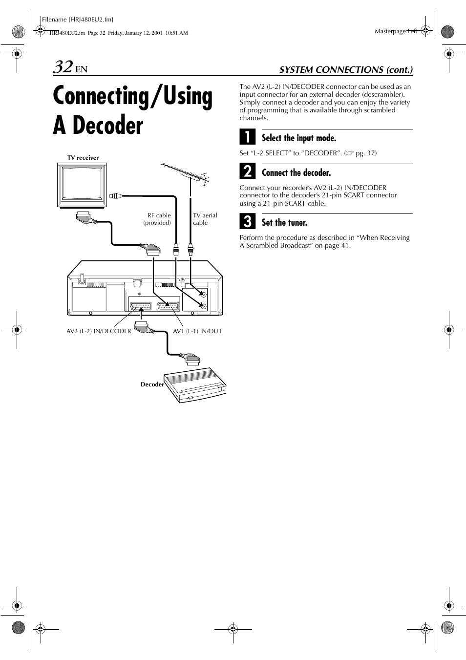 Connecting/using a decoder | JVC HR-J280 User Manual | Page 32 / 52