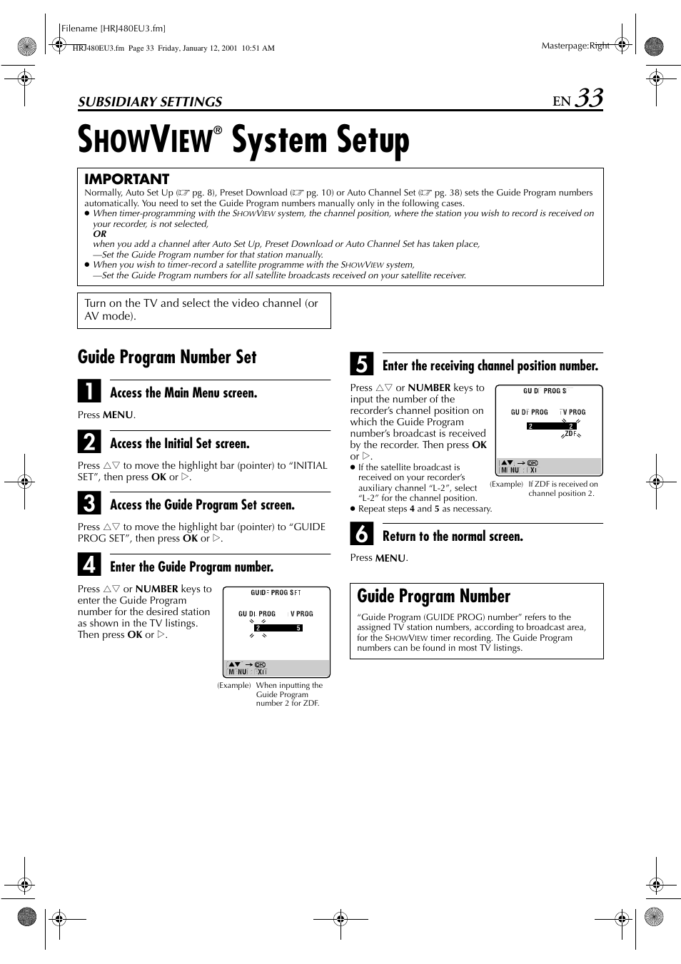 Showview system setup, System setup, Guide program number set | Guide program number | JVC HR-J280 User Manual | Page 33 / 52