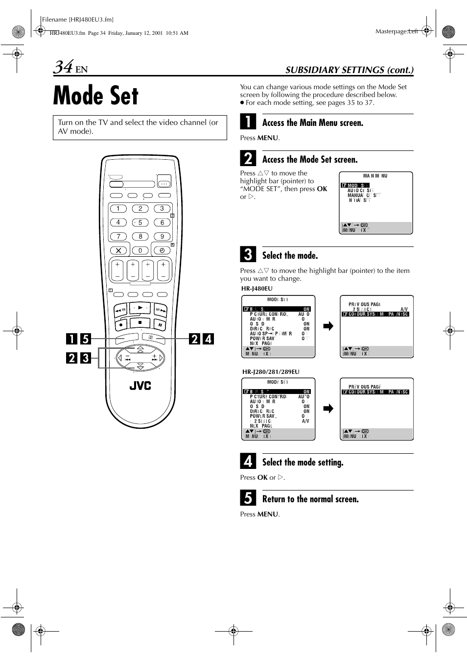 Mode set | JVC HR-J280 User Manual | Page 34 / 52