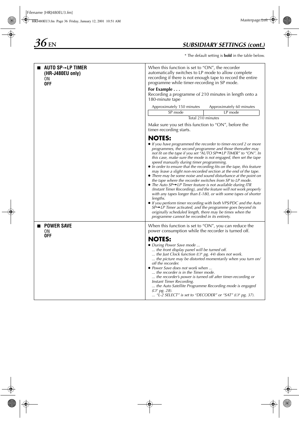 En subsidiary settings (cont.) | JVC HR-J280 User Manual | Page 36 / 52