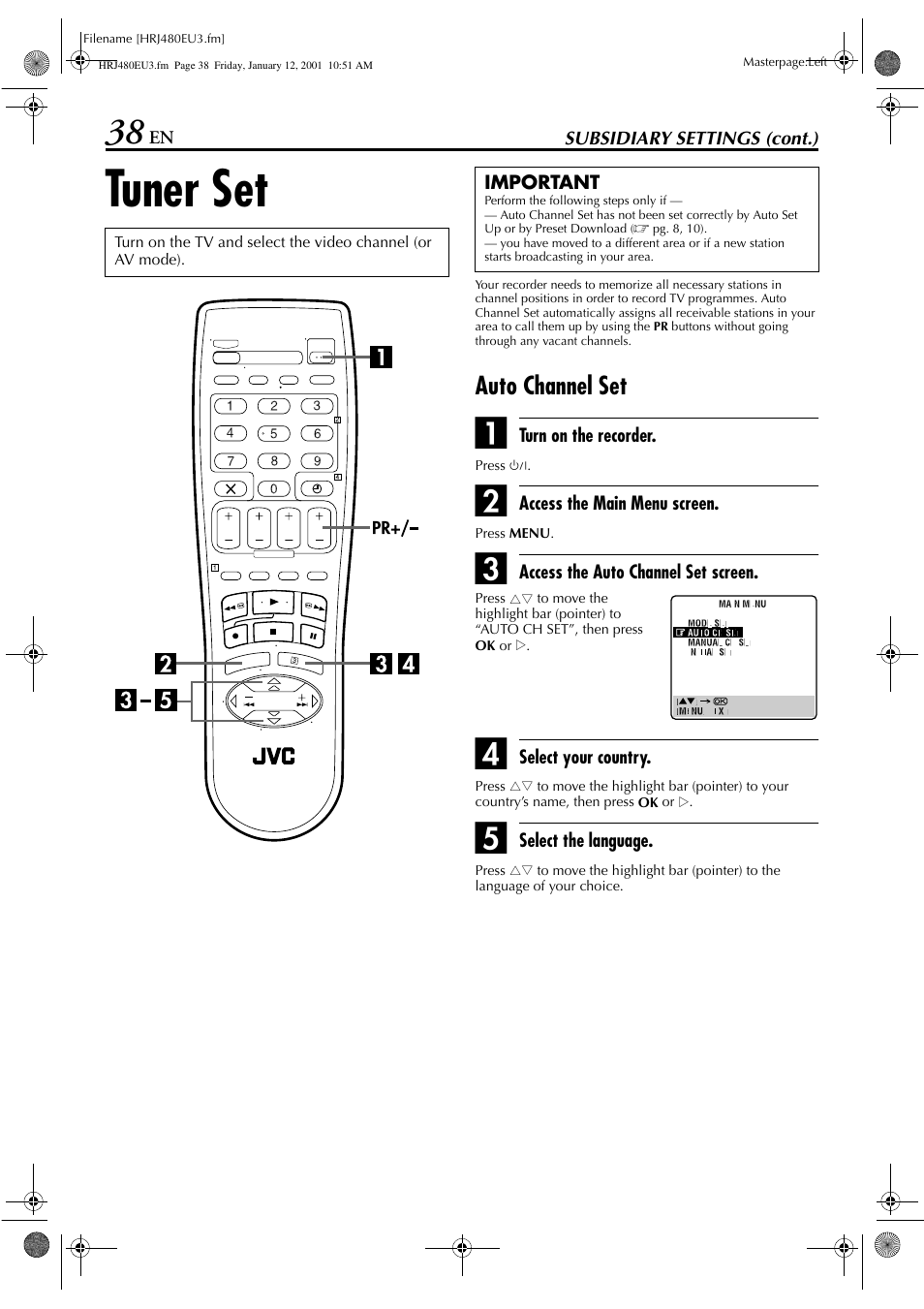 Tuner set, Auto channel set | JVC HR-J280 User Manual | Page 38 / 52