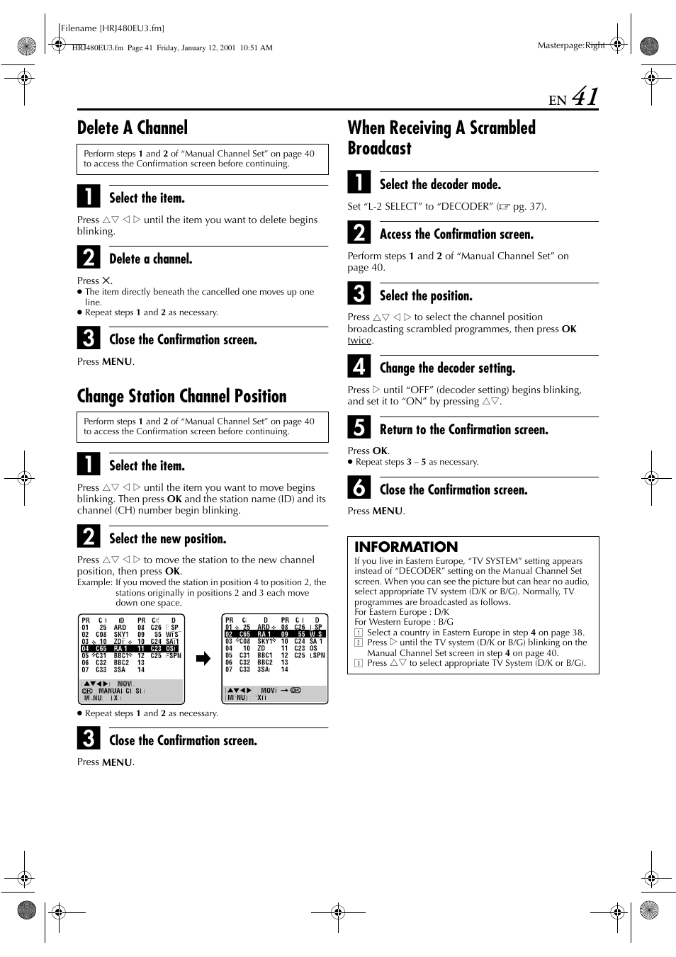 Delete a channel, Change station channel position, When receiving a scrambled broadcast | JVC HR-J280 User Manual | Page 41 / 52