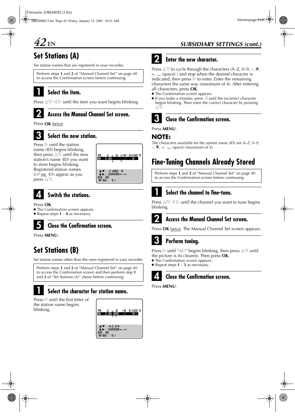 Set stations (a), Set stations (b), Fine-tuning channels already stored | JVC HR-J280 User Manual | Page 42 / 52