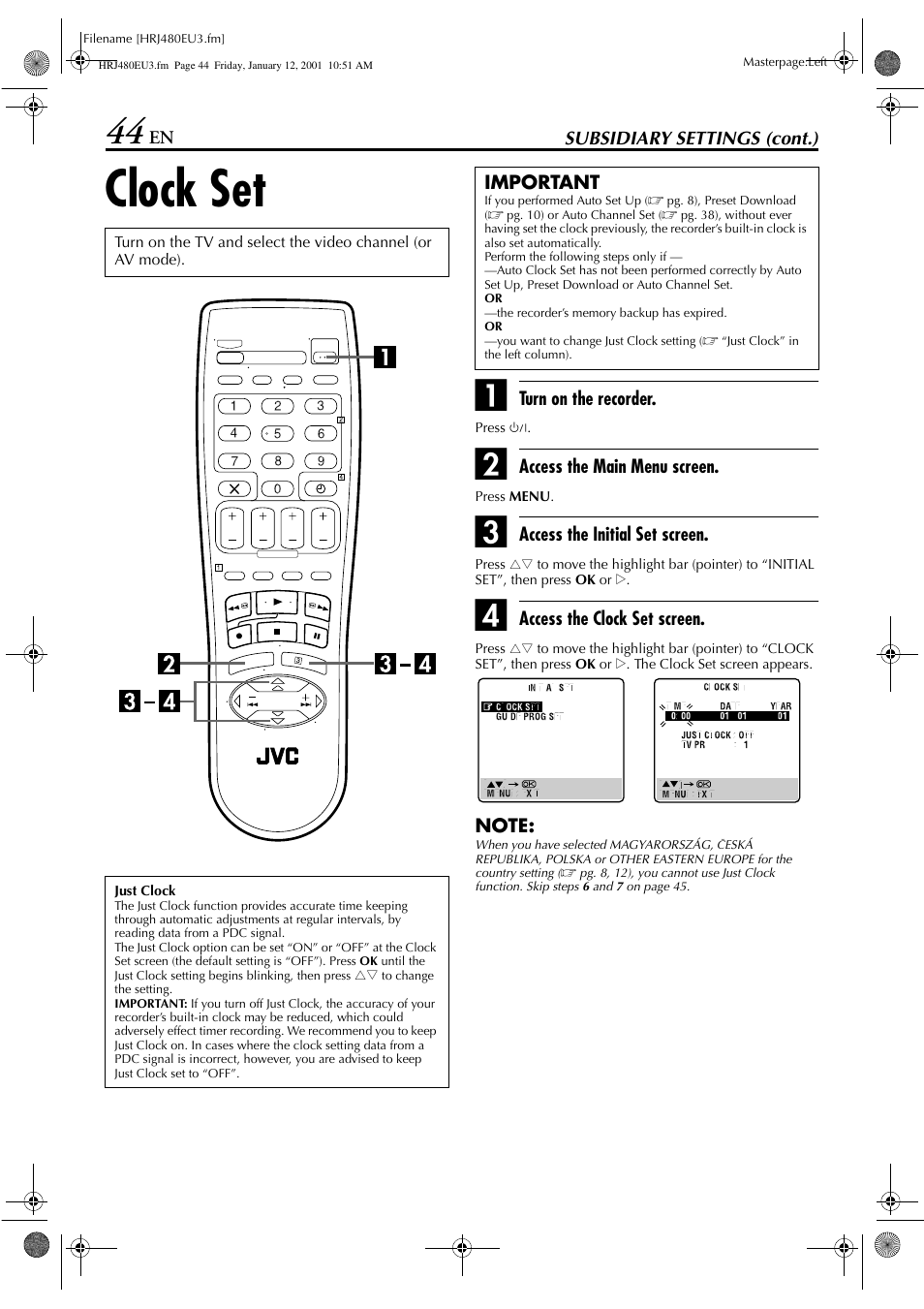 Clock set | JVC HR-J280 User Manual | Page 44 / 52