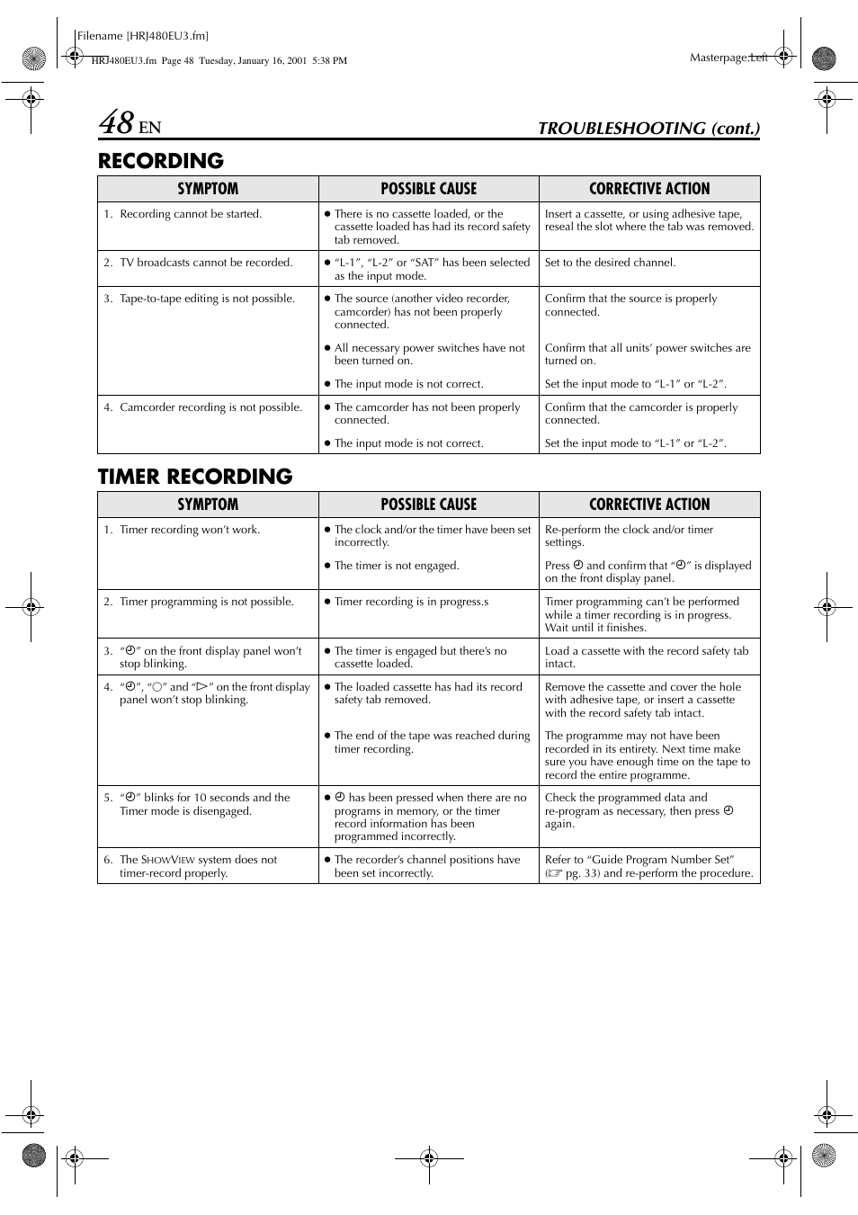 Recording timer recording, En troubleshooting (cont.), Symptom possible cause corrective action | JVC HR-J280 User Manual | Page 48 / 52