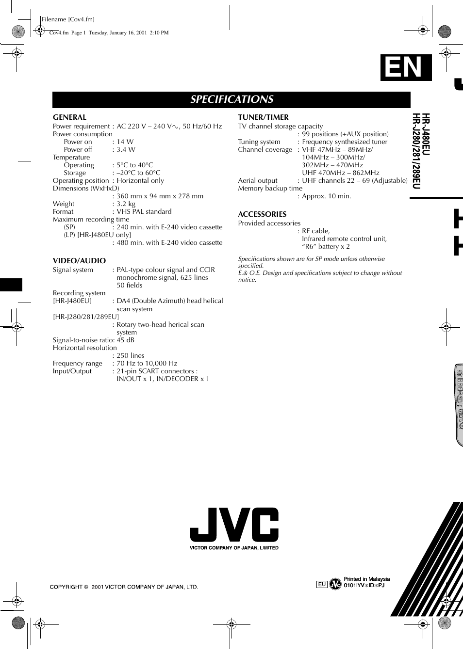 Specifications | JVC HR-J280 User Manual | Page 52 / 52