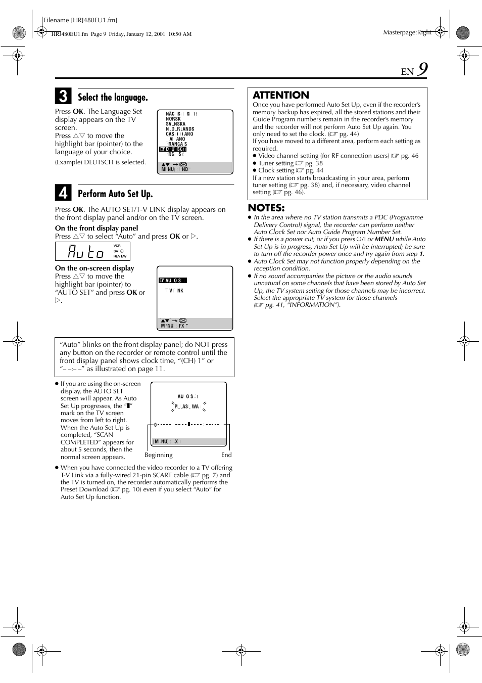 Select the language, Perform auto set up, Attention | JVC HR-J280 User Manual | Page 9 / 52