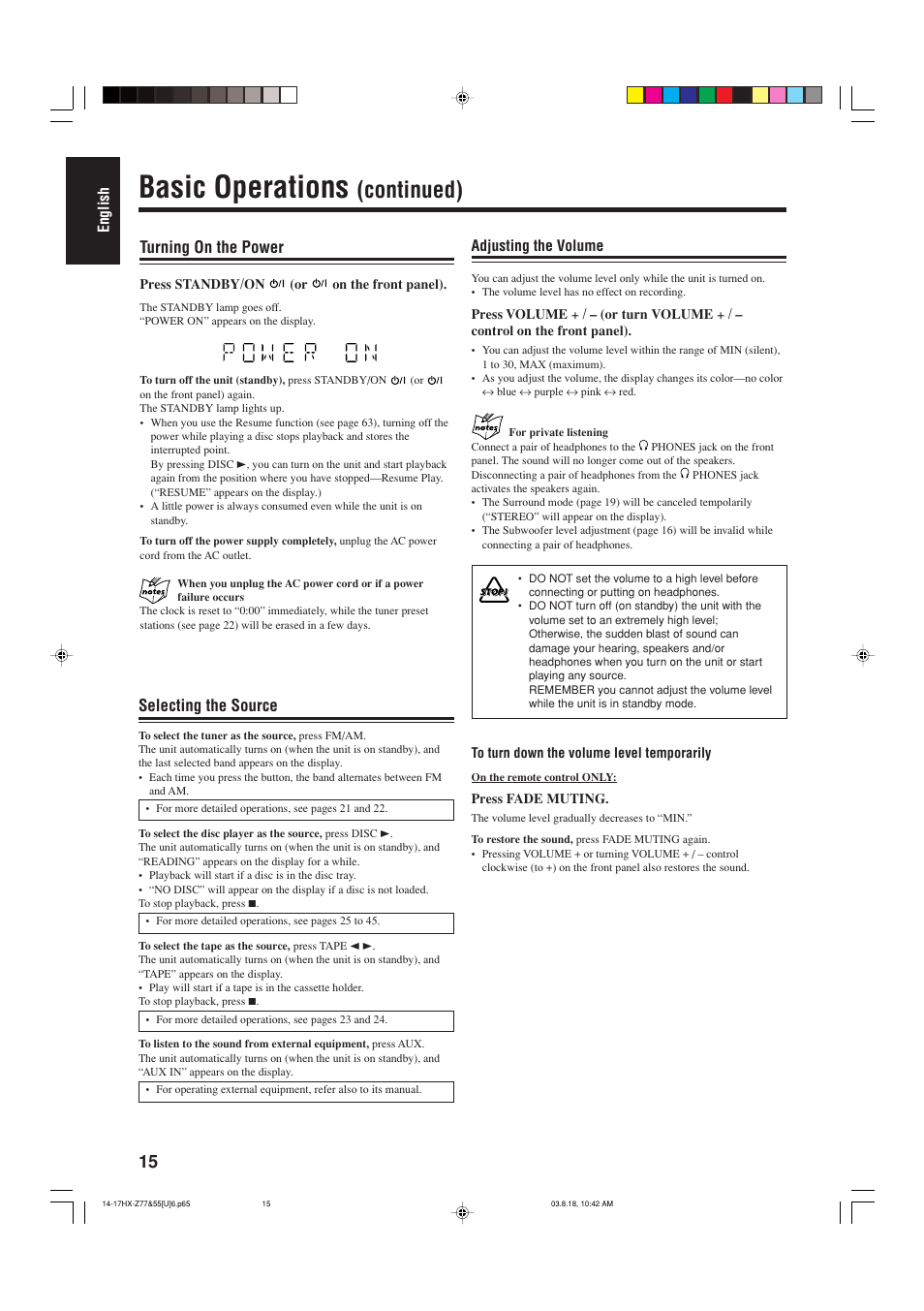 Basic operations, Continued), Turning on the power | Selecting the source | JVC CA-HXZ55D User Manual | Page 20 / 78