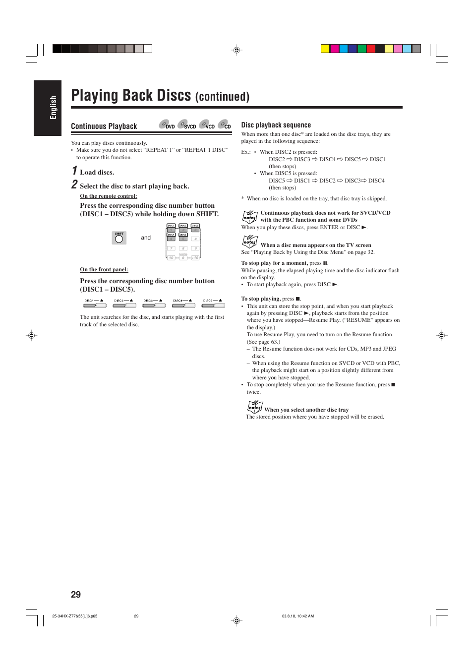 Playing back discs, Continued) | JVC CA-HXZ55D User Manual | Page 34 / 78