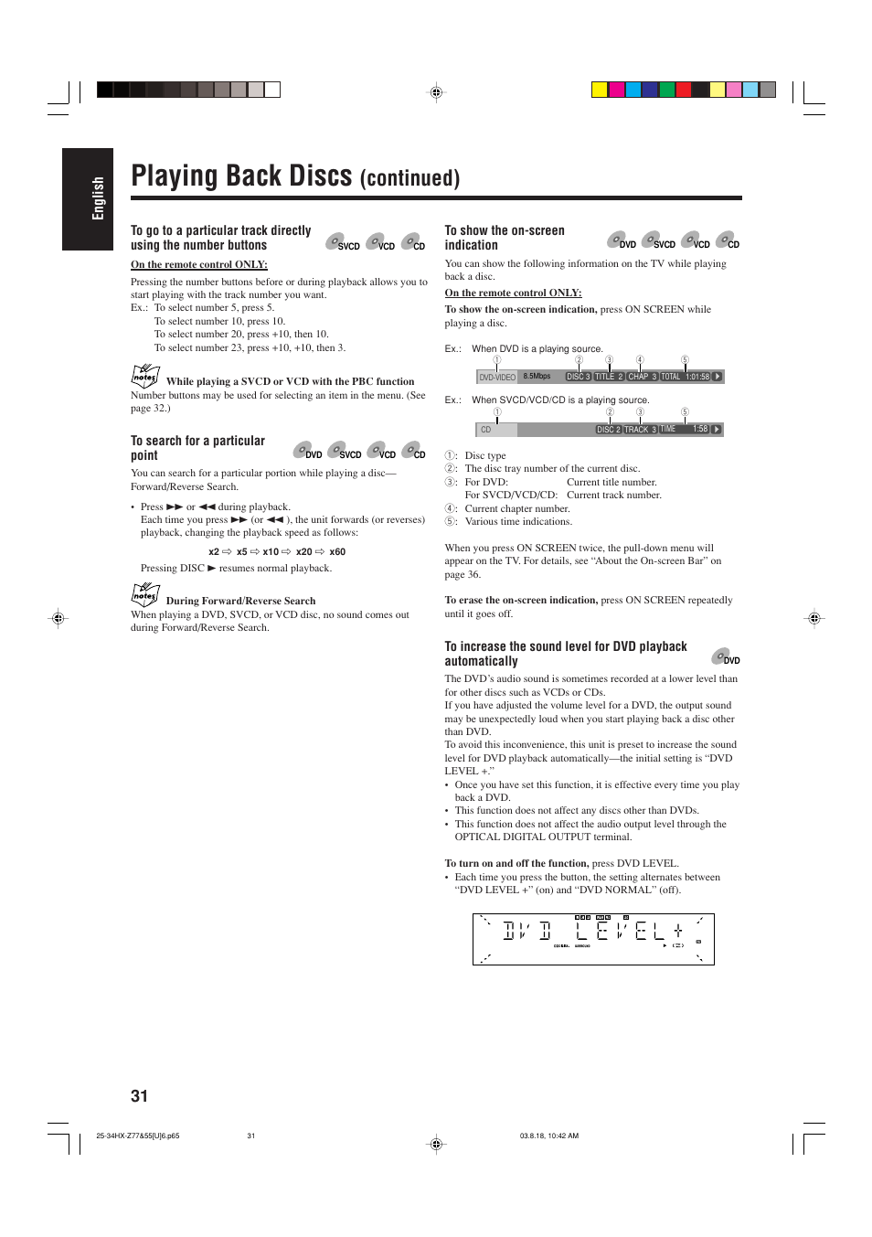 Playing back discs, Continued), English | JVC CA-HXZ55D User Manual | Page 36 / 78