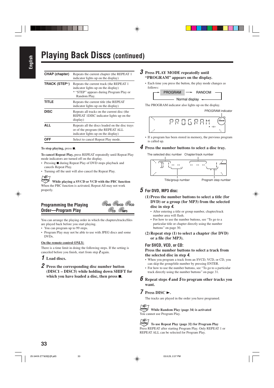 Playing back discs, Continued) | JVC CA-HXZ55D User Manual | Page 38 / 78