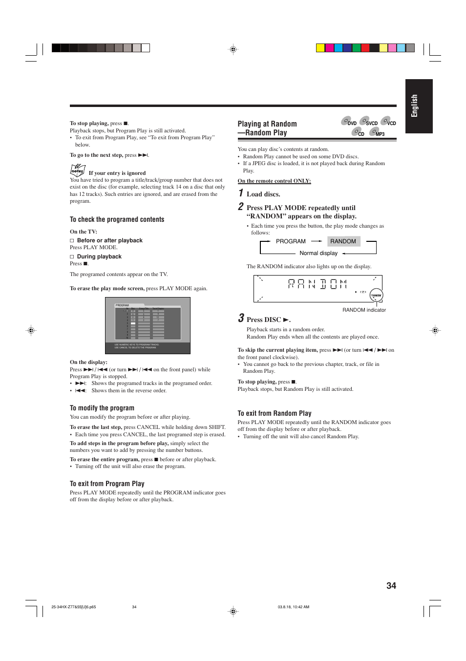 English, Playing at random —random play, Load discs | Press disc 3 | JVC CA-HXZ55D User Manual | Page 39 / 78