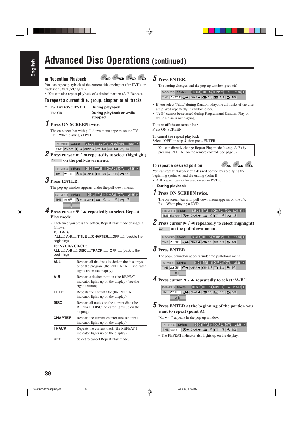 Advanced disc operations, Continued), English | JVC CA-HXZ55D User Manual | Page 44 / 78
