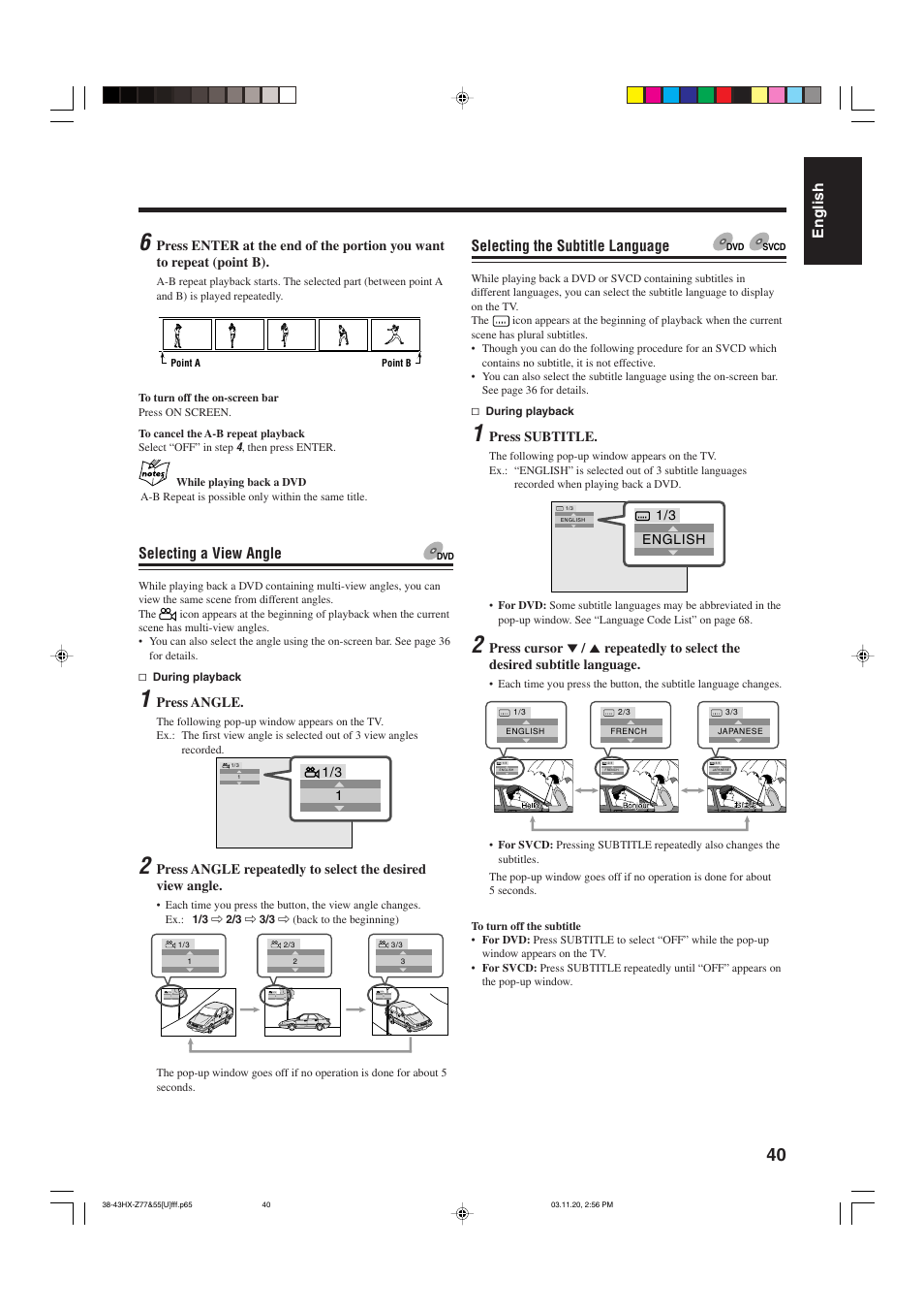 English, Selecting the subtitle language, Selecting a view angle | Press subtitle, Press angle | JVC CA-HXZ55D User Manual | Page 45 / 78