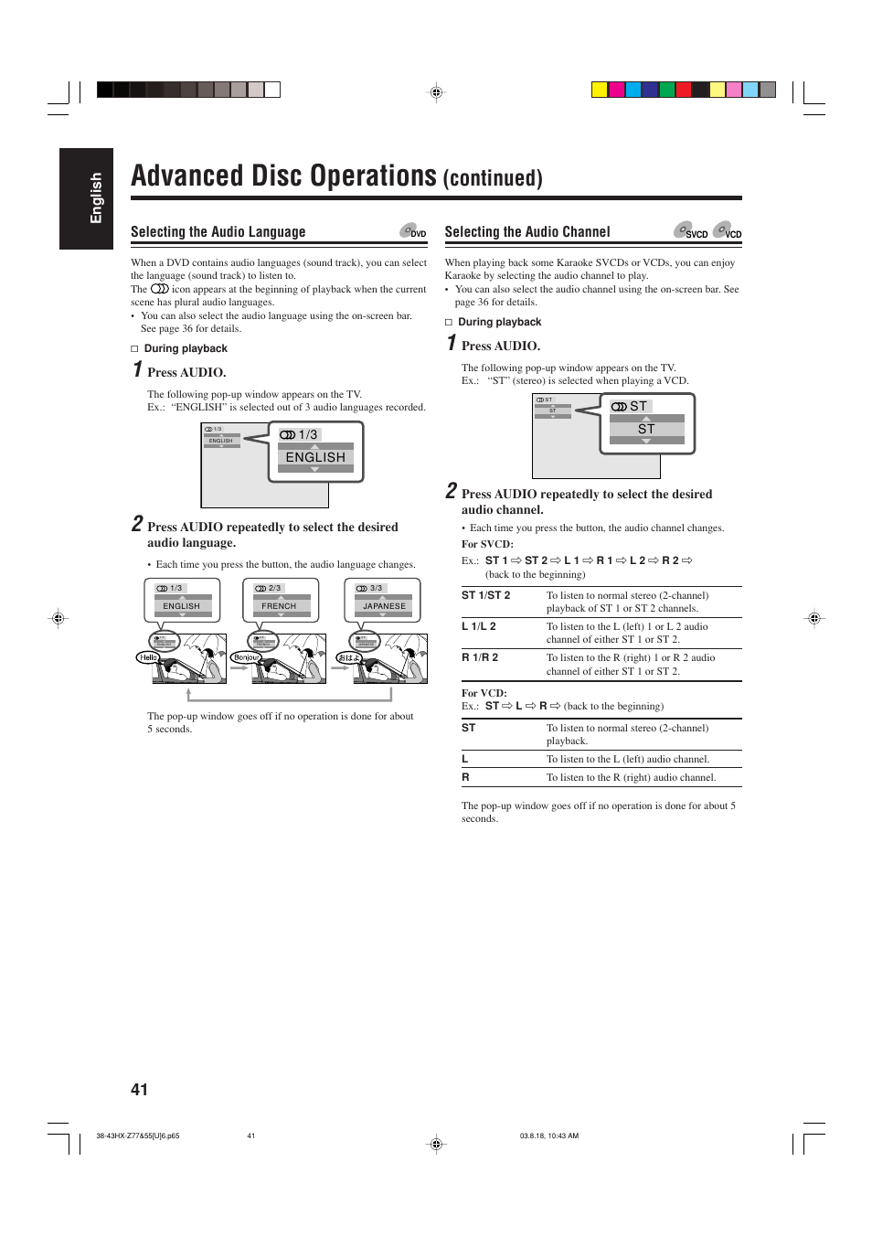 Advanced disc operations, Continued), English | Selecting the audio language, Selecting the audio channel | JVC CA-HXZ55D User Manual | Page 46 / 78