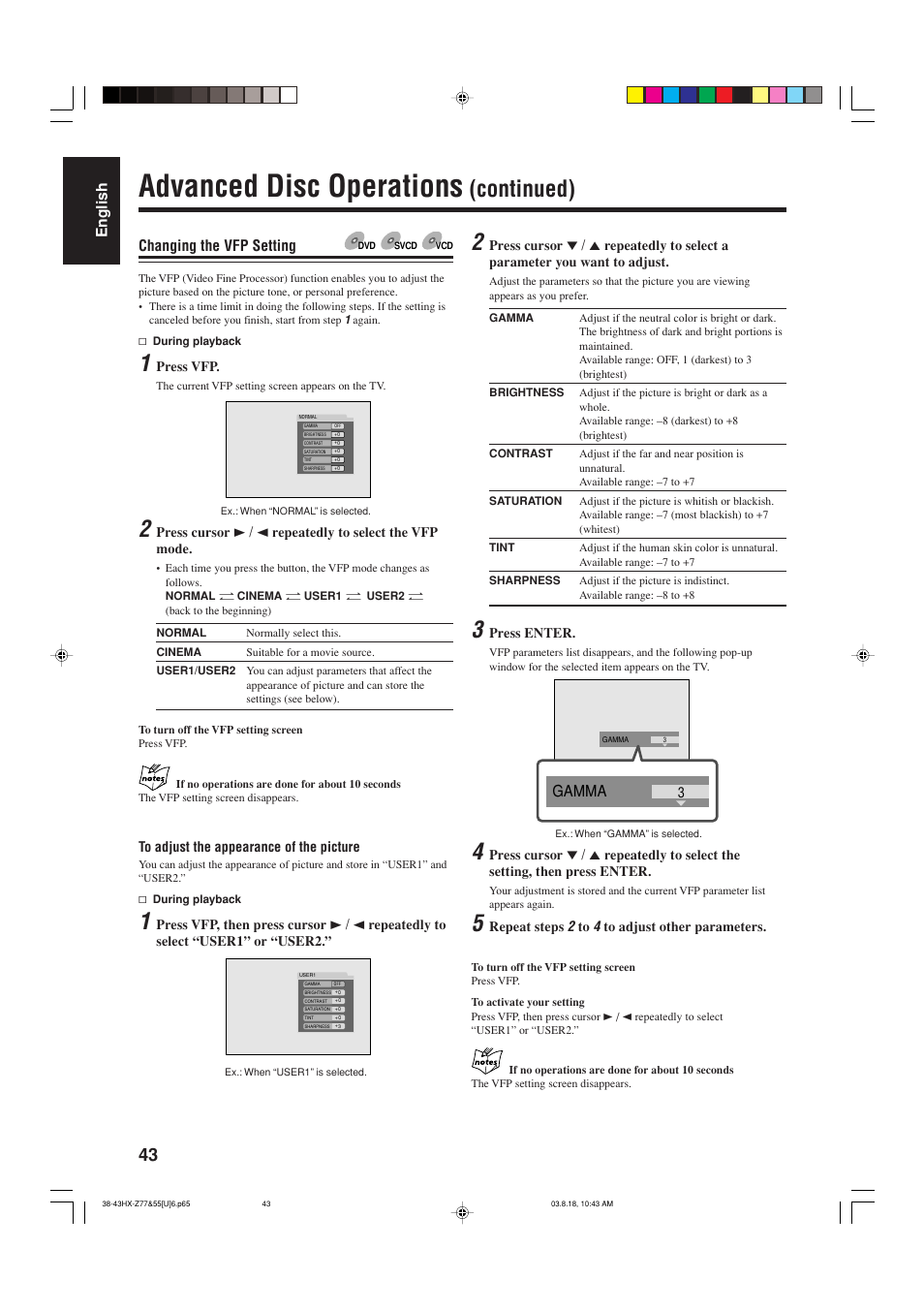 Advanced disc operations, Continued), Gamma | English, Changing the vfp setting | JVC CA-HXZ55D User Manual | Page 48 / 78