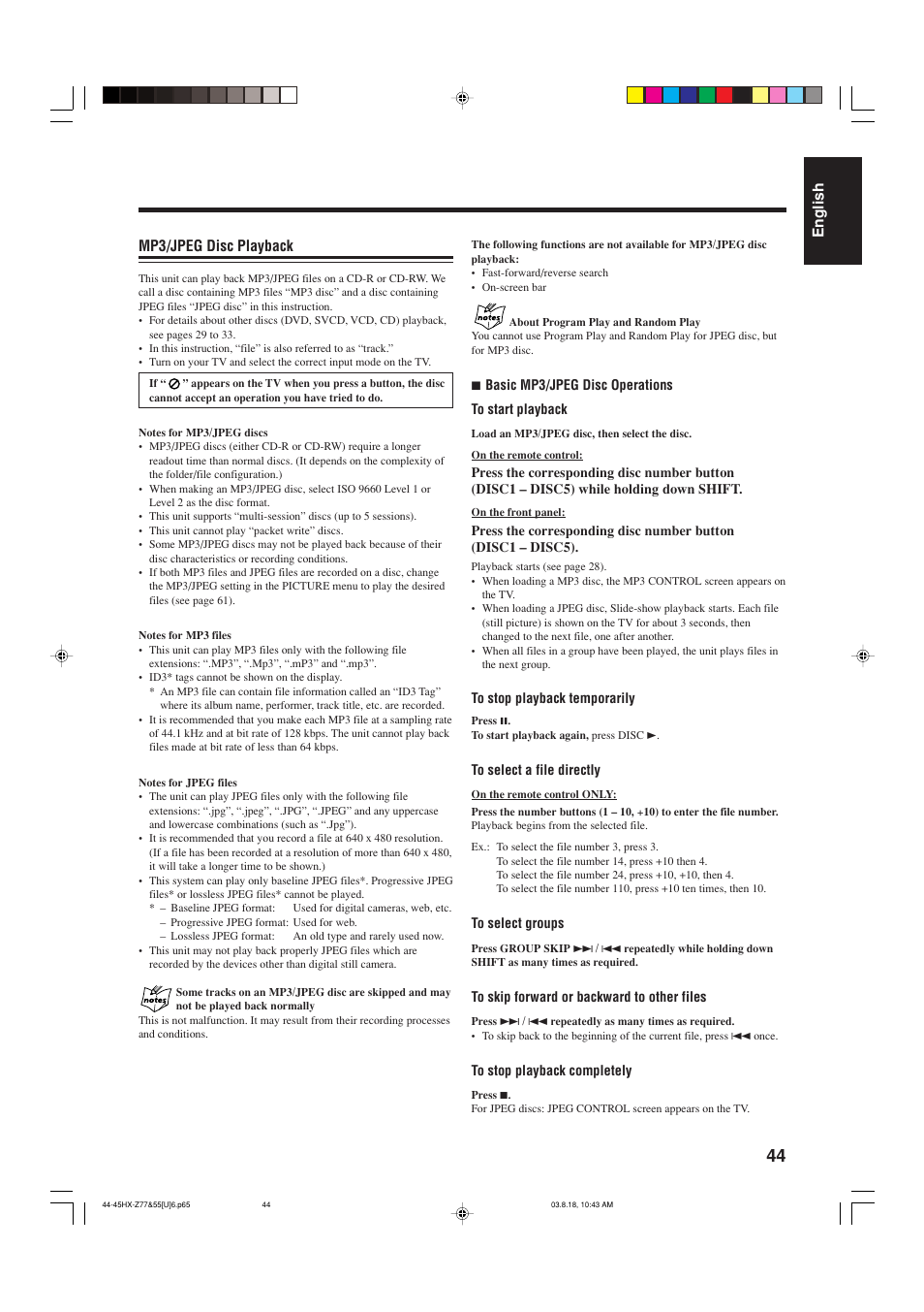 English, Mp3/jpeg disc playback | JVC CA-HXZ55D User Manual | Page 49 / 78