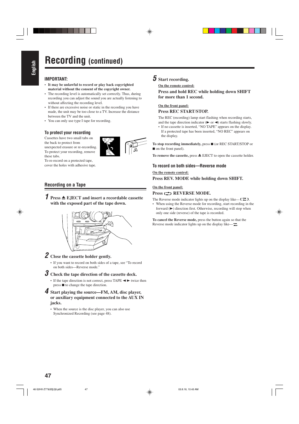Recording, Continued) | JVC CA-HXZ55D User Manual | Page 52 / 78