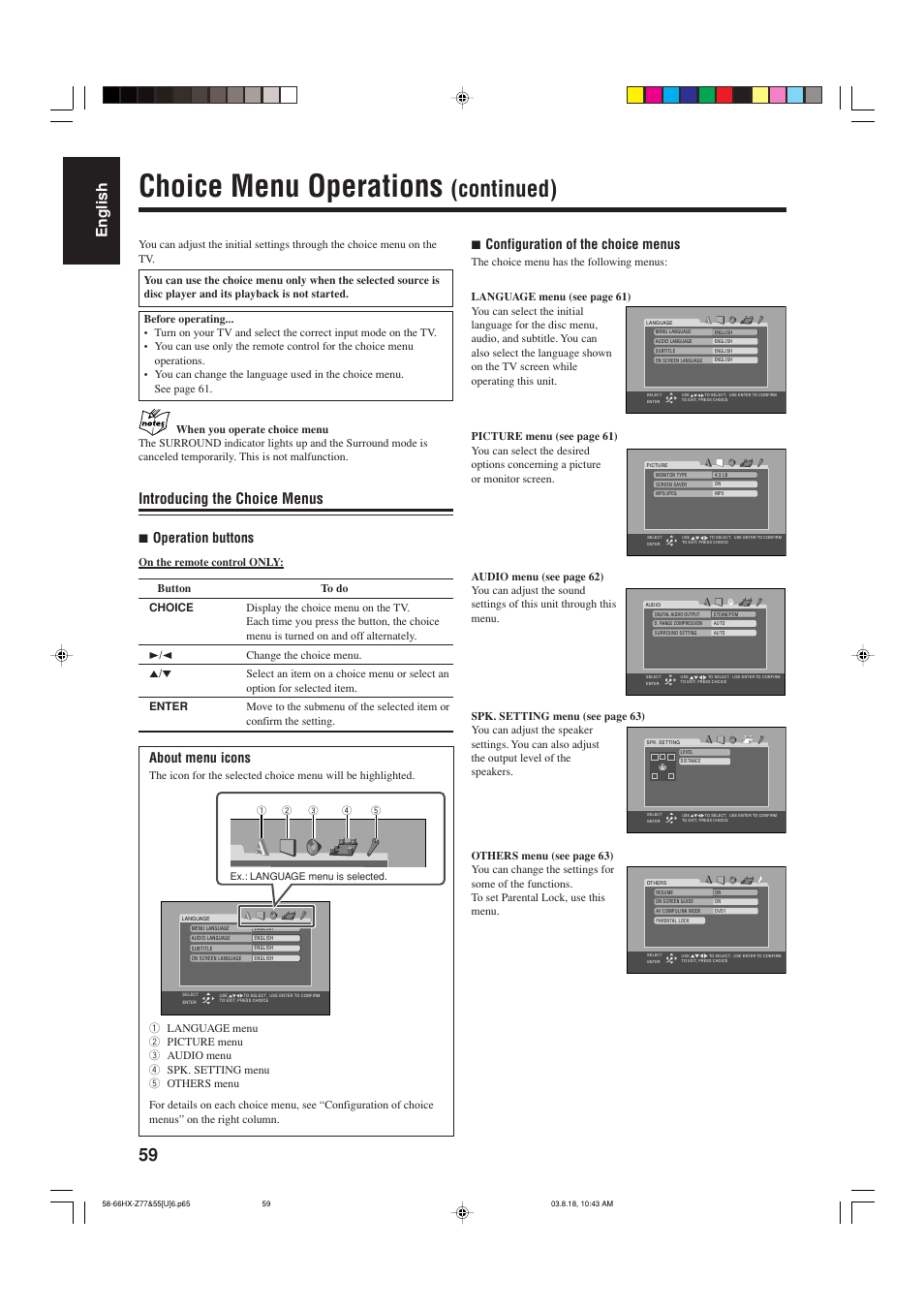Choice menu operations, Continued), English | Introducing the choice menus, 7 operation buttons, About menu icons, 7 configuration of the choice menus | JVC CA-HXZ55D User Manual | Page 64 / 78