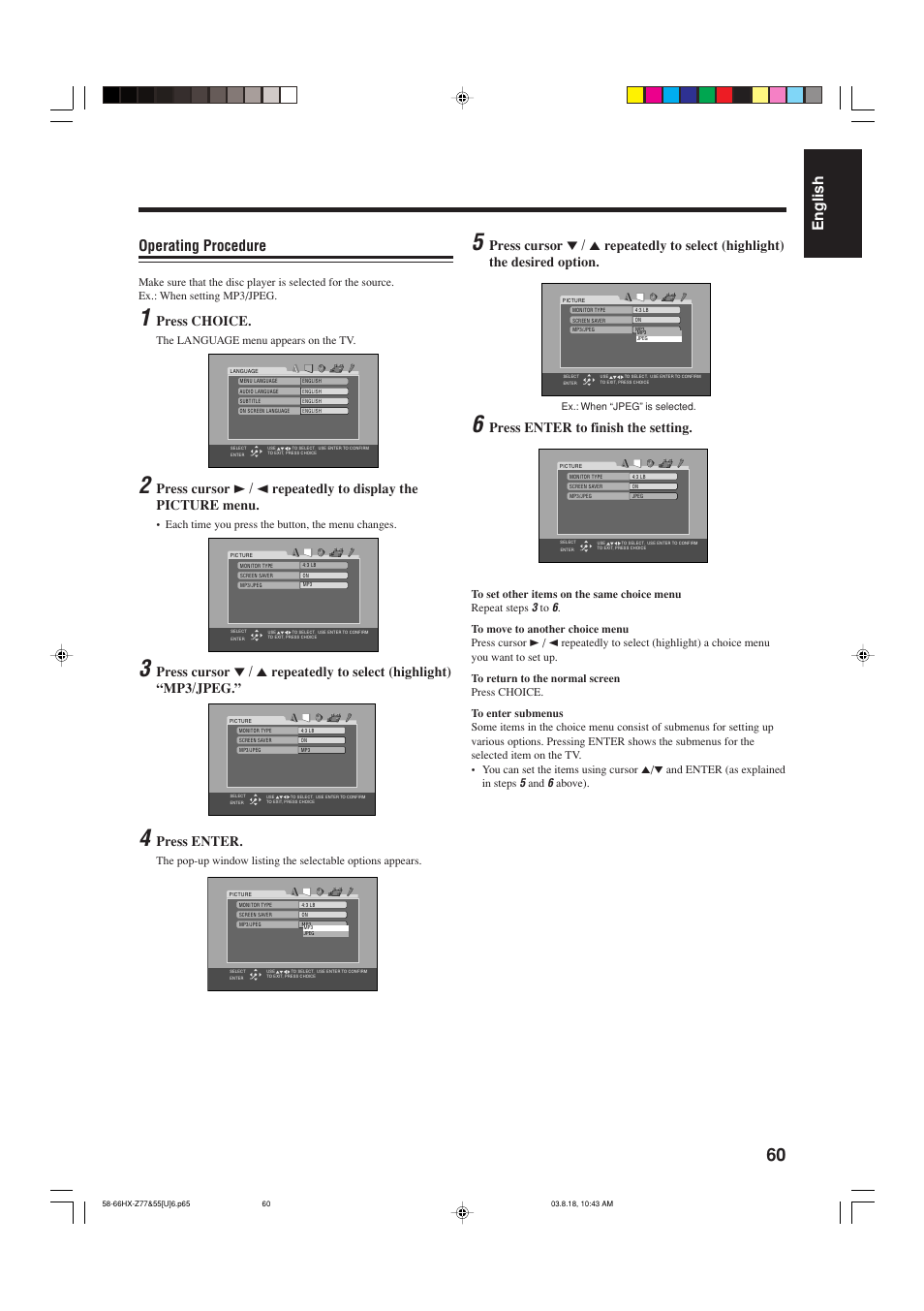 English operating procedure, Press choice, Press enter | Press enter to finish the setting | JVC CA-HXZ55D User Manual | Page 65 / 78