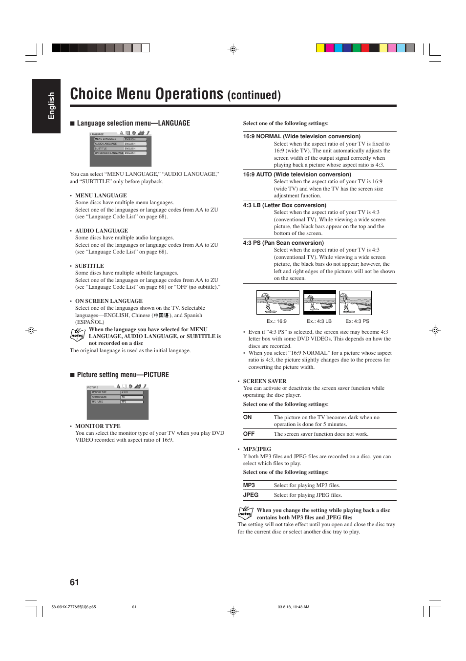Choice menu operations, Continued), English | 7 language selection menu—language, 7 picture setting menu—picture | JVC CA-HXZ55D User Manual | Page 66 / 78