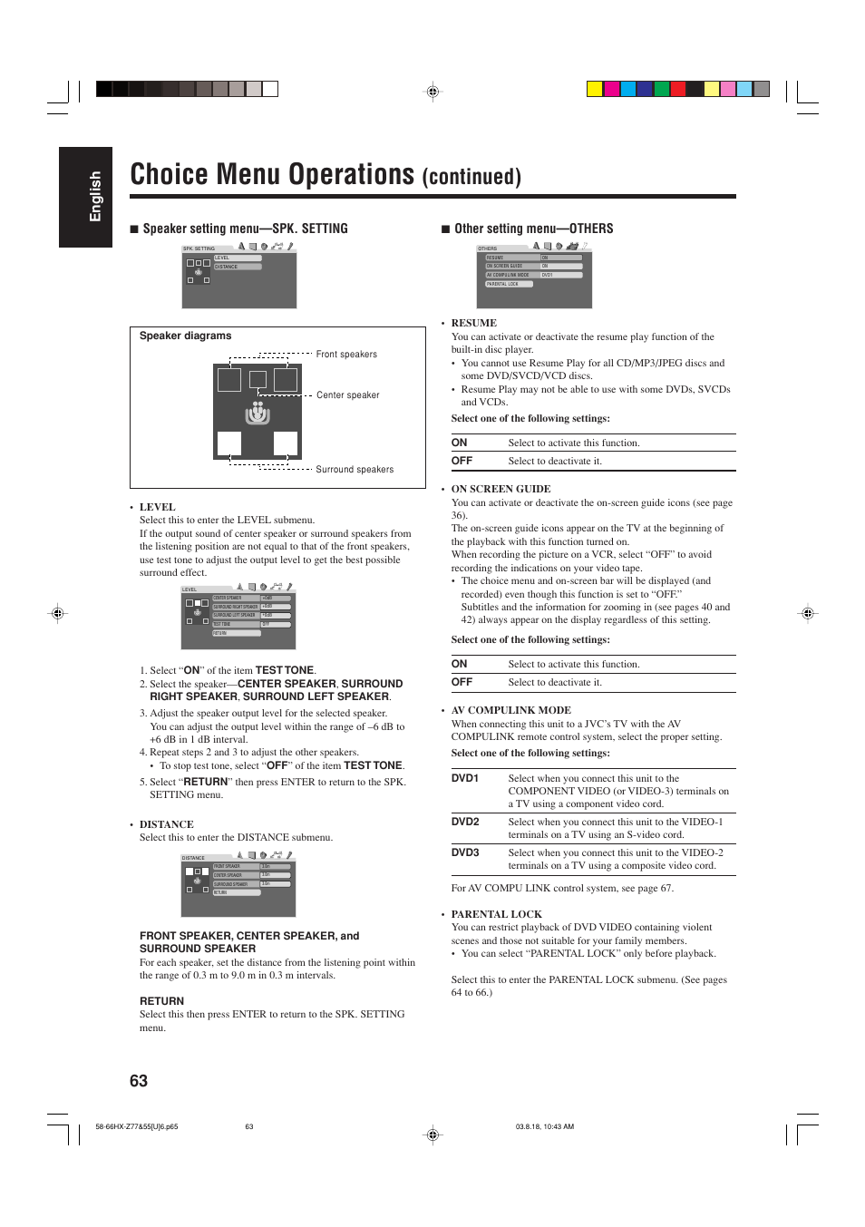 Choice menu operations, Continued), English | 7 speaker setting menu—spk. setting, 7 other setting menu—others | JVC CA-HXZ55D User Manual | Page 68 / 78