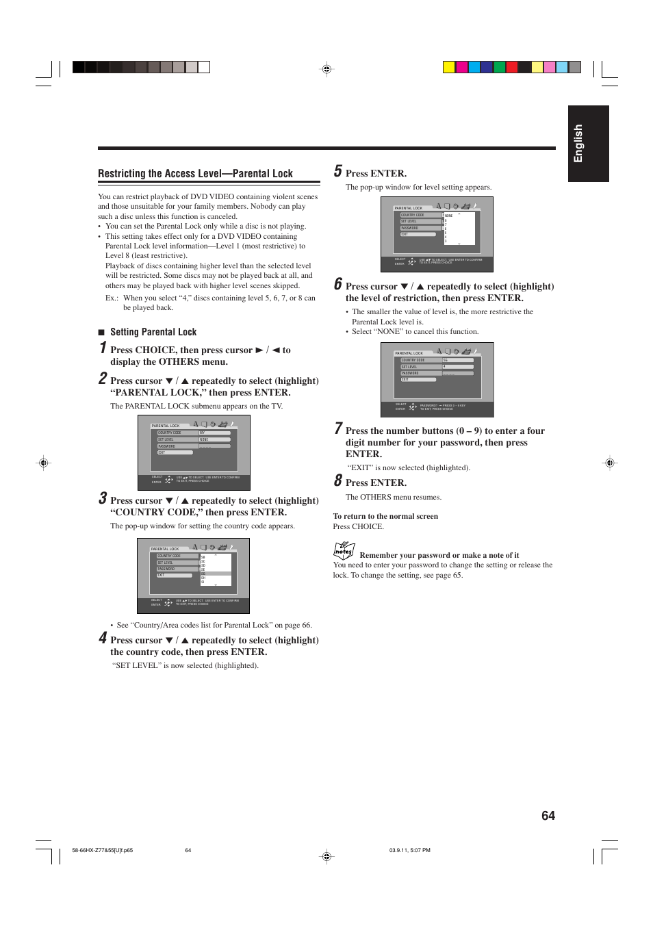 English restricting the access level—parental lock, 7 setting parental lock, Press enter | JVC CA-HXZ55D User Manual | Page 69 / 78