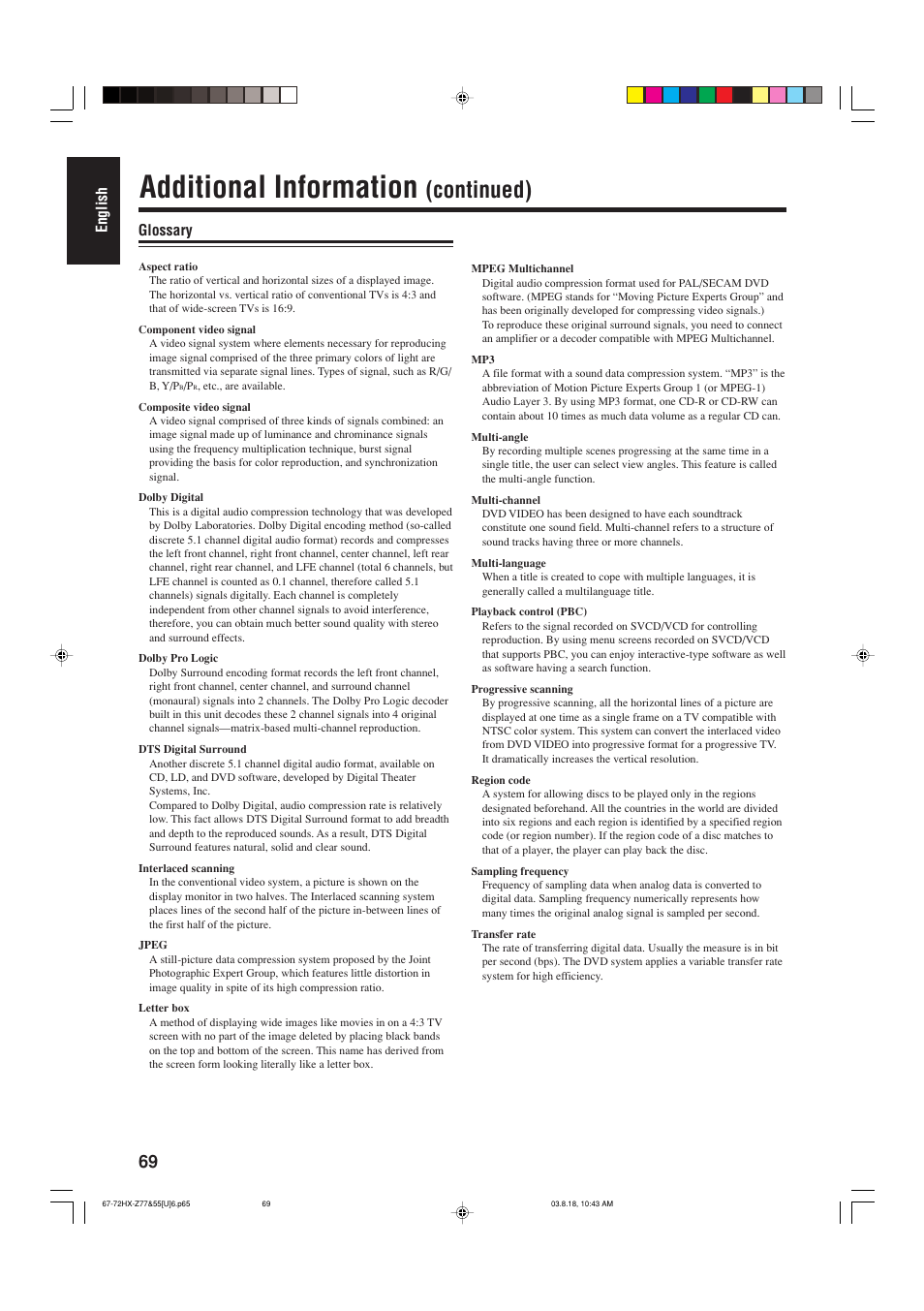 Additional information, Continued), English glossary | JVC CA-HXZ55D User Manual | Page 74 / 78