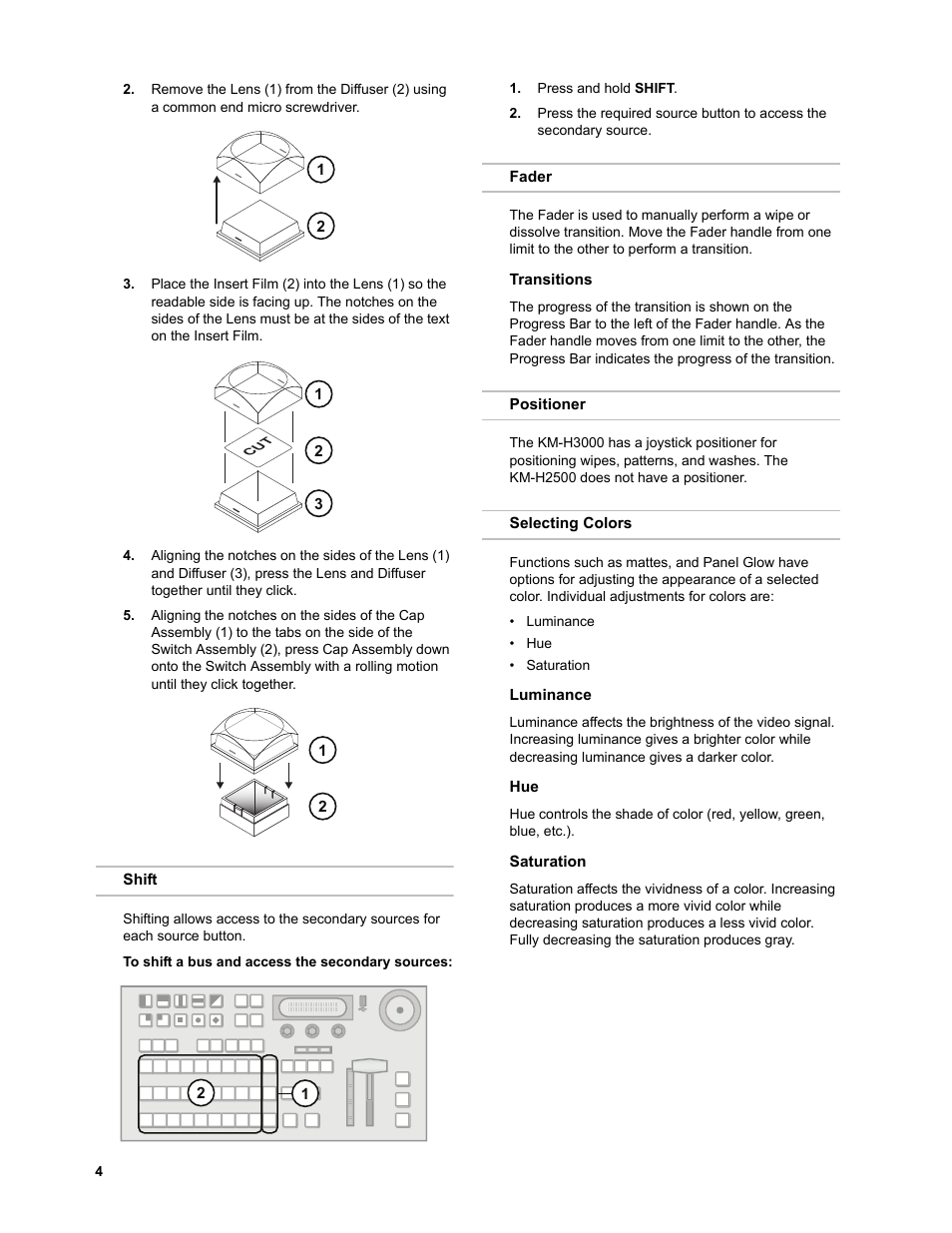 Shift, To shift a bus and access the secondary sources, Fader | Transitions, Positioner, Selecting colors, Luminance, Saturation, Shift fader positioner selecting colors | JVC KM-H3000E User Manual | Page 10 / 56