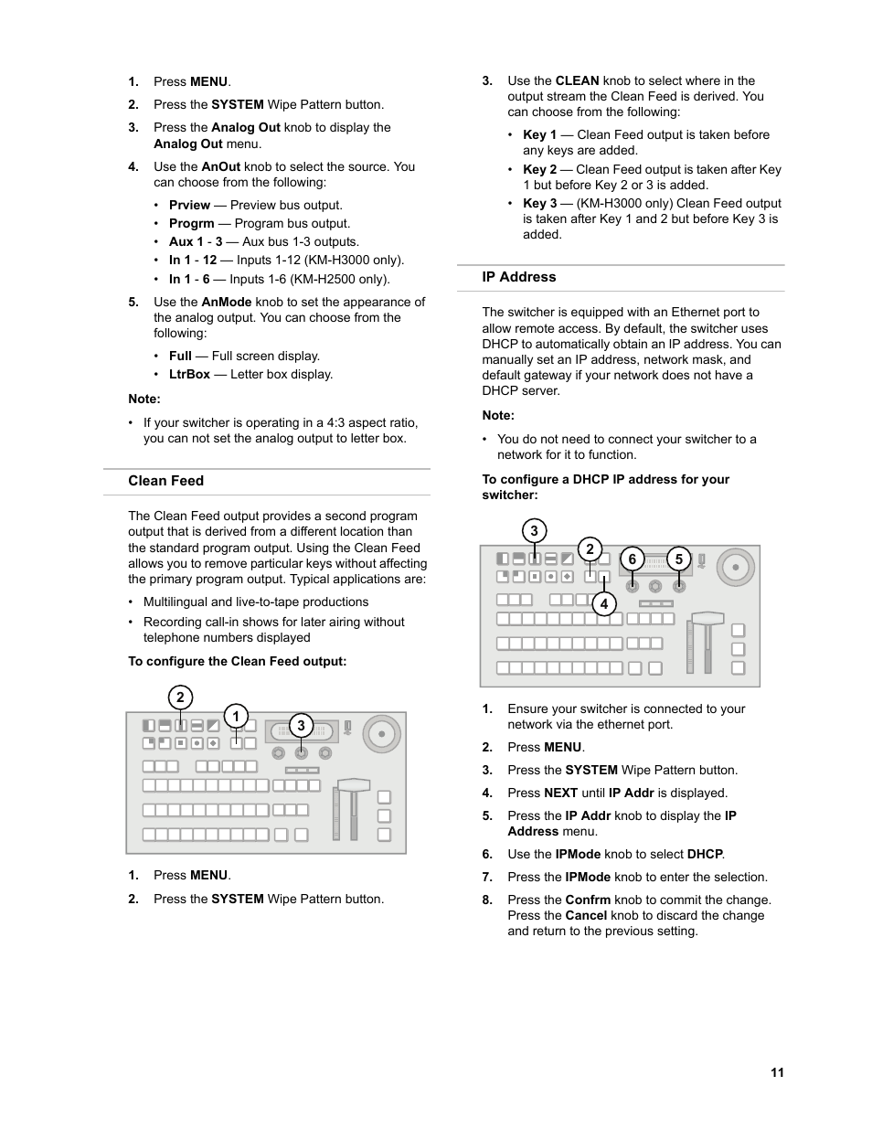 Clean feed, To configure the clean feed output, Ip address | To configure a dhcp ip address for your switcher, Clean feed ip address | JVC KM-H3000E User Manual | Page 17 / 56