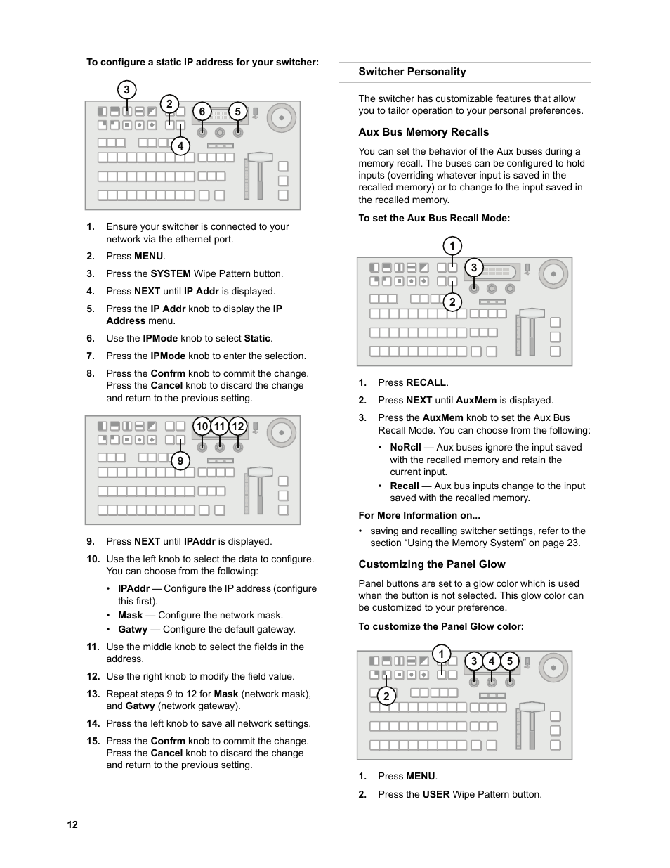 To configure a static ip address for your switcher, Switcher personality, Aux bus memory recalls | To set the aux bus recall mode, Customizing the panel glow, To customize the panel glow color | JVC KM-H3000E User Manual | Page 18 / 56