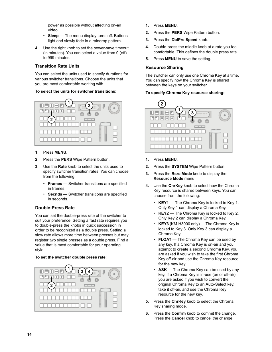 Transition rate units, To select the units for switcher transitions, Double-press rate | To set the switcher double press rate, Resource sharing, To specify chroma key resource sharing | JVC KM-H3000E User Manual | Page 20 / 56