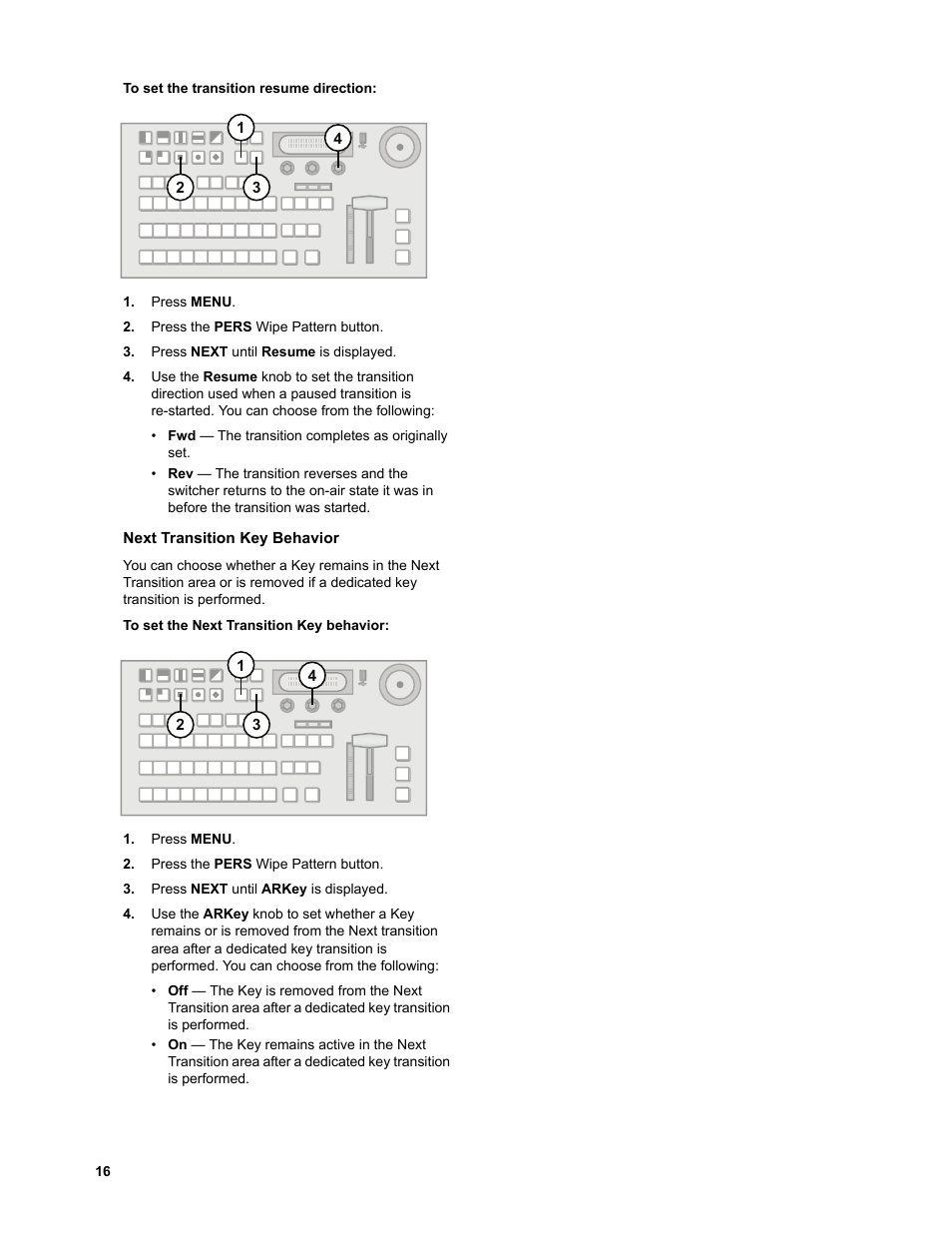 To set the transition resume direction, Next transition key behavior, To set the next transition key behavior | JVC KM-H3000E User Manual | Page 22 / 56