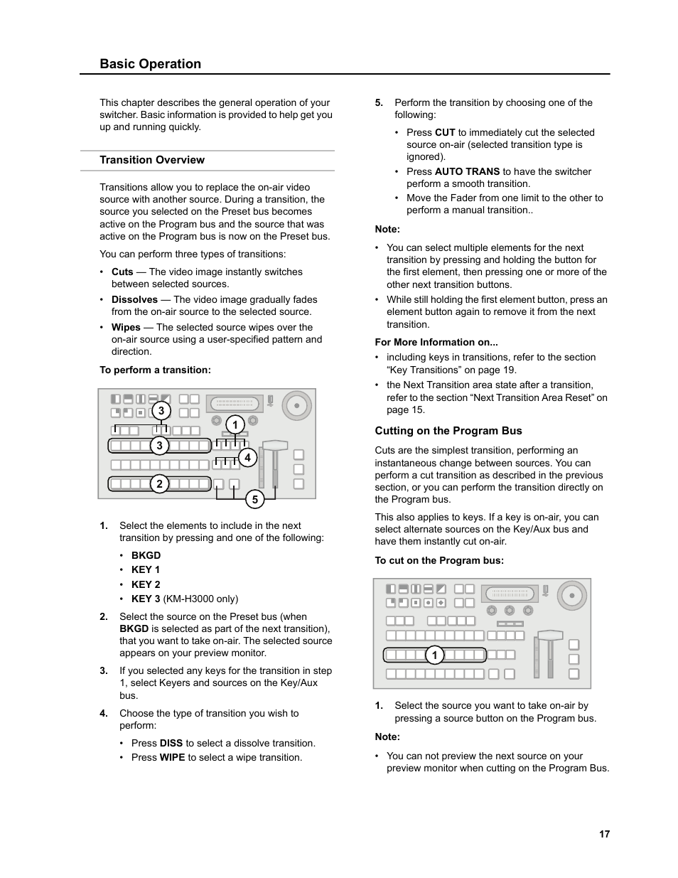 Basic operation, Transition overview, To perform a transition | Cutting on the program bus, To cut on the program bus | JVC KM-H3000E User Manual | Page 23 / 56