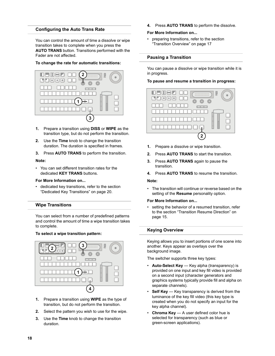 Configuring the auto trans rate, To change the rate for automatic transitions, Wipe transitions | To select a wipe transition pattern, Pausing a transition, To pause and resume a transition in progress, Keying overview, Ct keys, refer to the section “keying | JVC KM-H3000E User Manual | Page 24 / 56