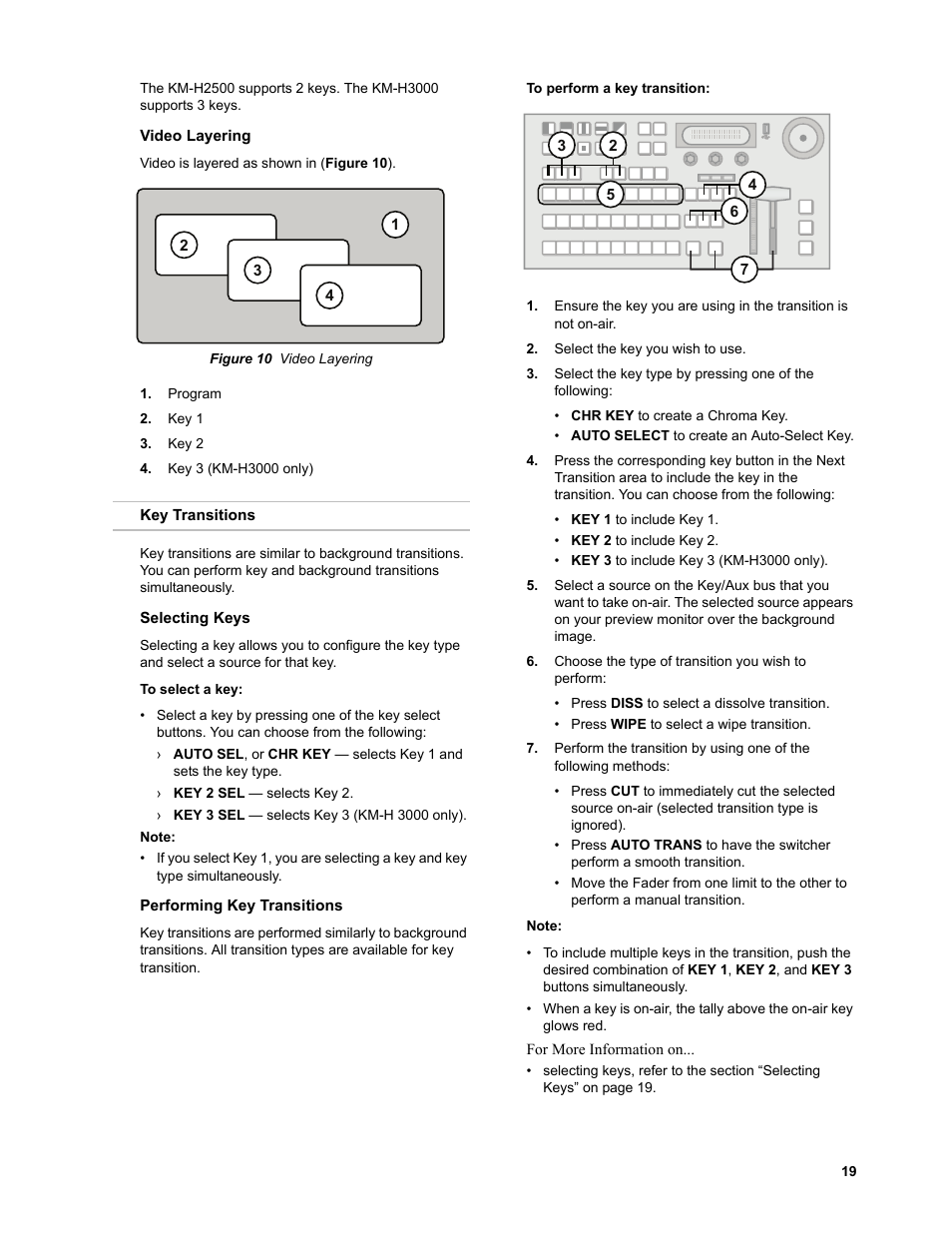 Video layering, Key transitions, Selecting keys | To select a key, Performing key transitions, To perform a key transition, Refer to the section | JVC KM-H3000E User Manual | Page 25 / 56