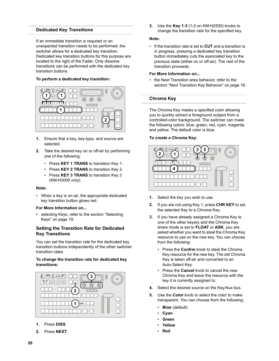 Dedicated key transitions, To perform a dedicated key transition, Chroma key | To create a chroma key, Dedicated key transitions chroma key, Roma keys, refer to the, Sitions, refer to the section | JVC KM-H3000E User Manual | Page 26 / 56