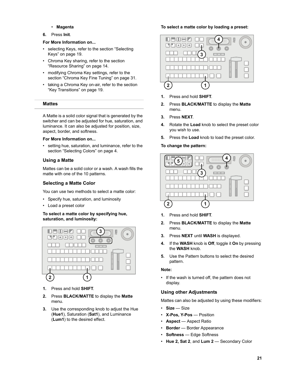 Mattes, Using a matte, Selecting a matte color | To select a matte color by loading a preset, To change the pattern, Using other adjustments | JVC KM-H3000E User Manual | Page 27 / 56