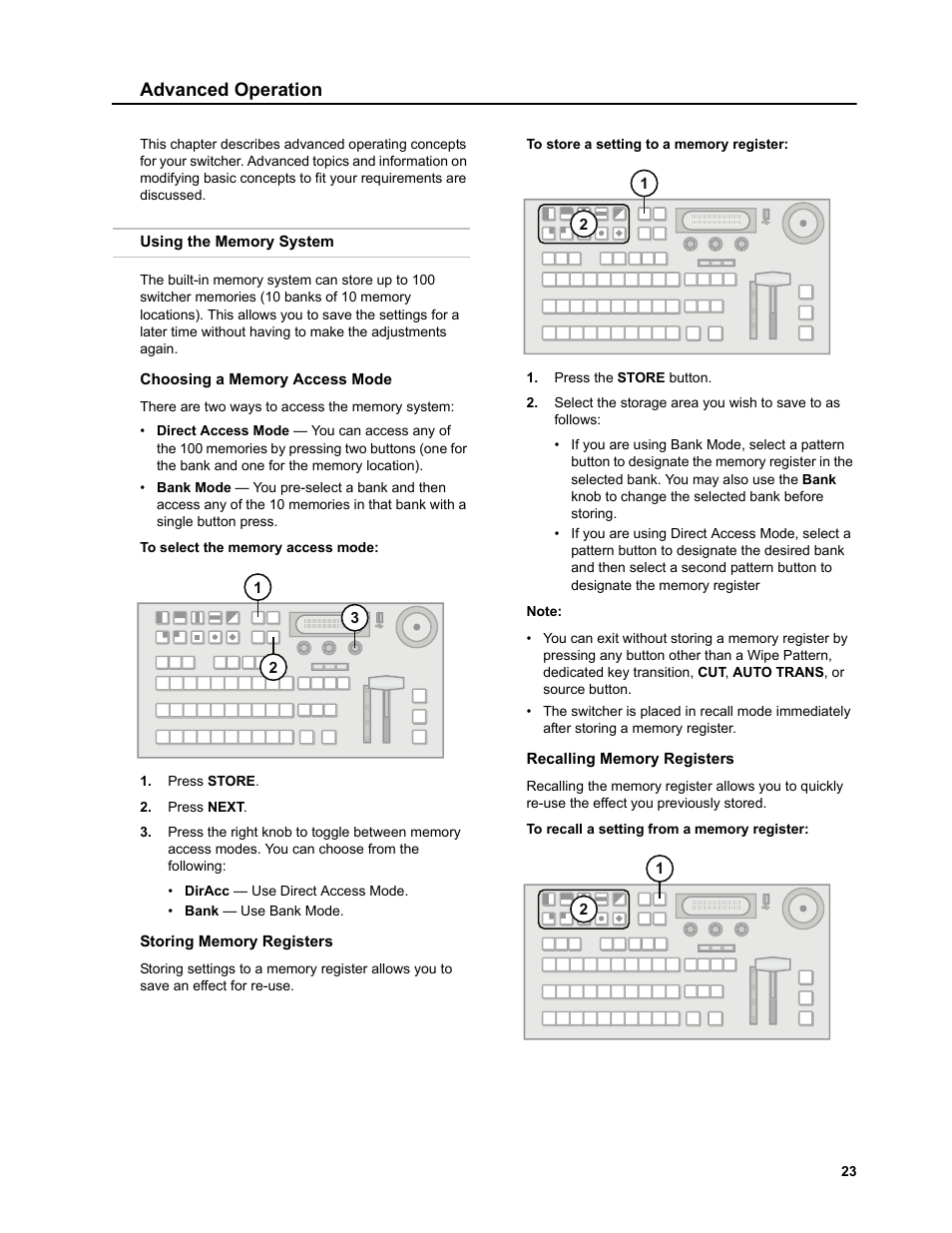 Advanced operation, Using the memory system, Choosing a memory access mode | To select the memory access mode, Storing memory registers, To store a setting to a memory register, Recalling memory registers, To recall a setting from a memory register | JVC KM-H3000E User Manual | Page 29 / 56