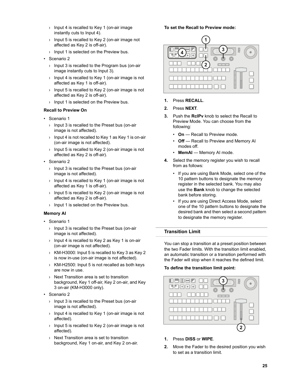 Recall to preview on, Memory ai, To set the recall to preview mode | Transition limit, To define the transition limit point | JVC KM-H3000E User Manual | Page 31 / 56